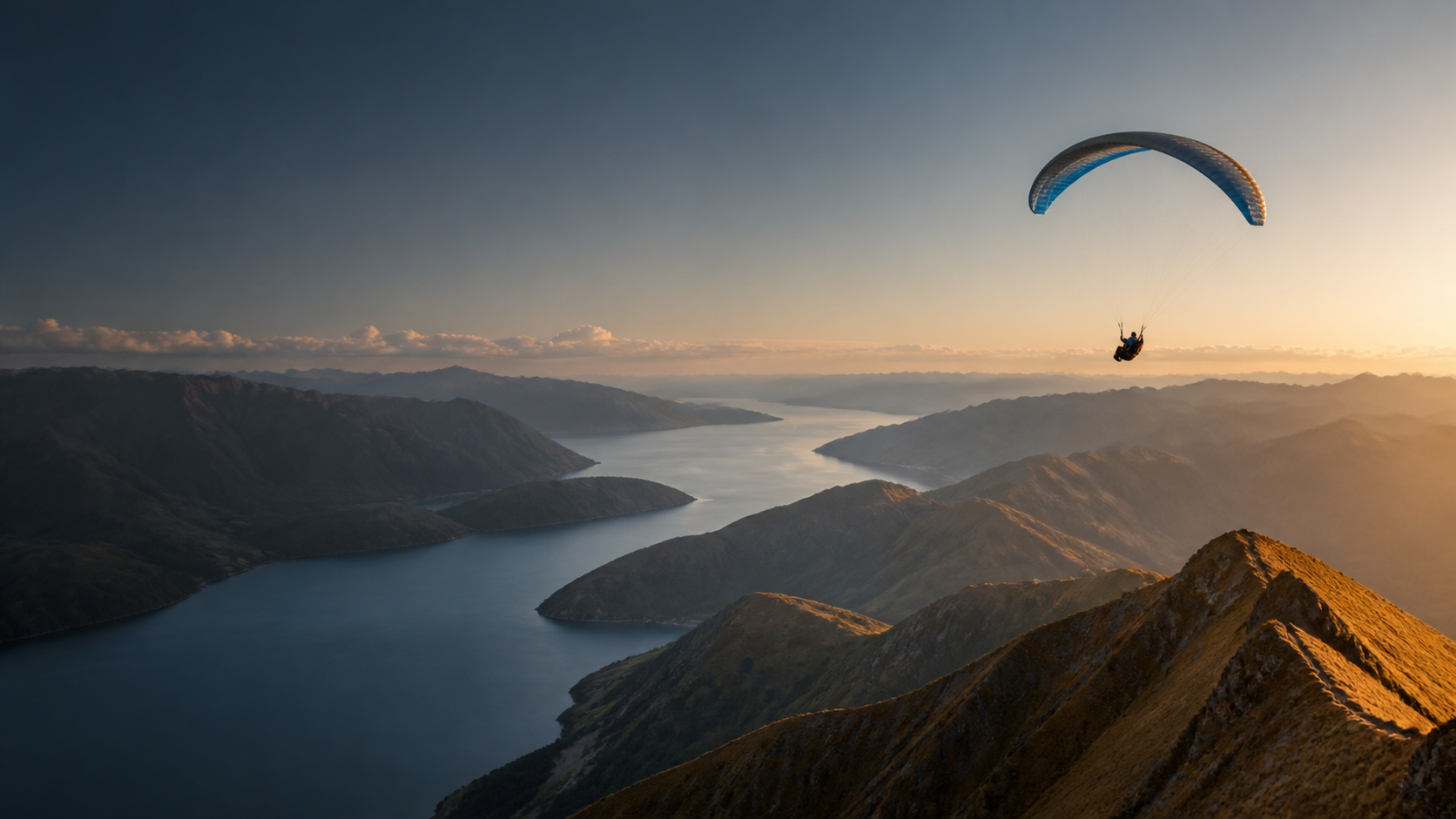A paraglider flying above a mountain lake at golden hour